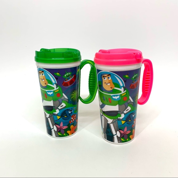 Disney World Set Of Two Neon Whirley Travel Mugs With Handles Buzz Cars Nemo - Picture 3 of 16